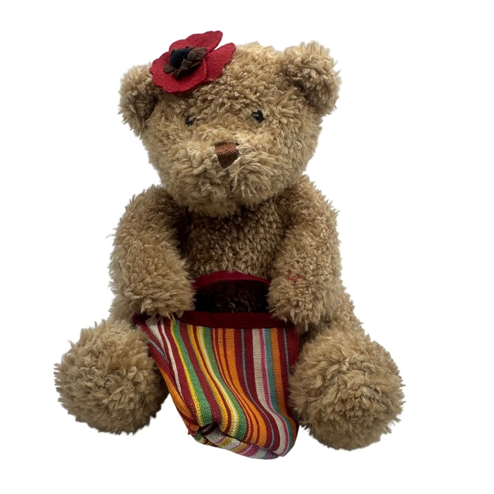 Bath & Body Works Poppy Teddy Bear Tan Plush Red Flower Striped Bag 7"